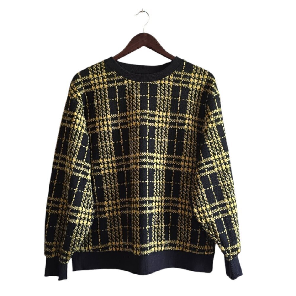 Who What Wear Black & Yellow Plaid Houndstooth Crew Neck Sweater Sz M